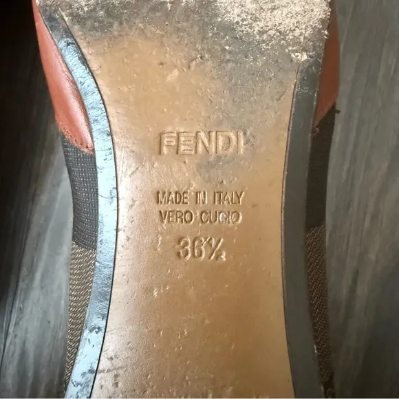 Fendi Round Toe Pequin Pattern Canvas D'Orsay Ballet Flats