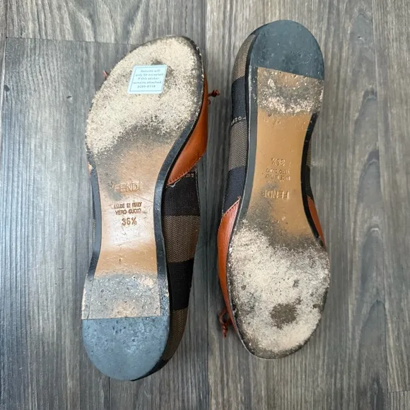 Fendi Round Toe Pequin Pattern Canvas D'Orsay Ballet Flats