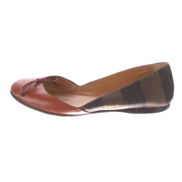 Fendi Round Toe Pequin Pattern Canvas D'Orsay Ballet Flats