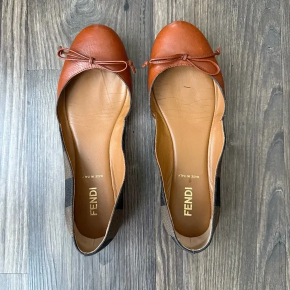 Fendi Round Toe Pequin Pattern Canvas D'Orsay Ballet Flats