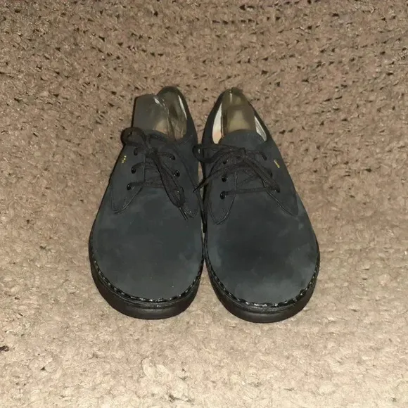 FINN COMFORT-Black Nubuck Loafers-Lace-Up-Wedge Heel-Size 6 UK-8 US-Near Mint
