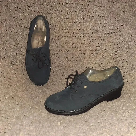 FINN COMFORT-Black Nubuck Loafers-Lace-Up-Wedge Heel-Size 6 UK-8 US-Near Mint