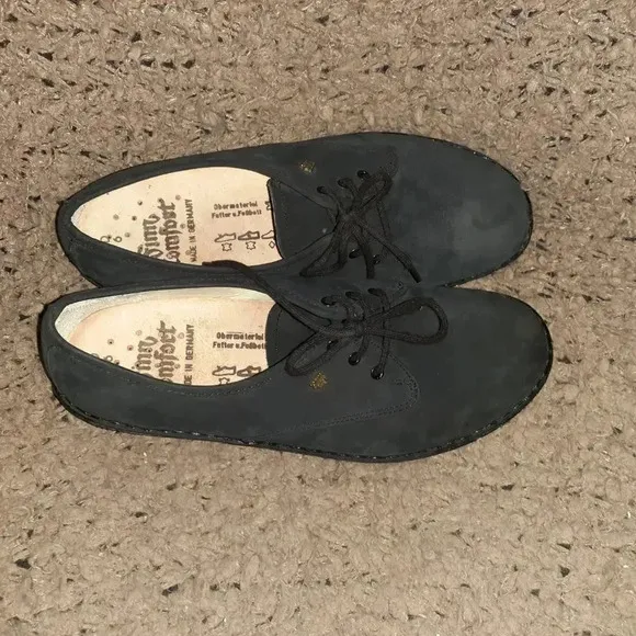FINN COMFORT-Black Nubuck Loafers-Lace-Up-Wedge Heel-Size 6 UK-8 US-Near Mint