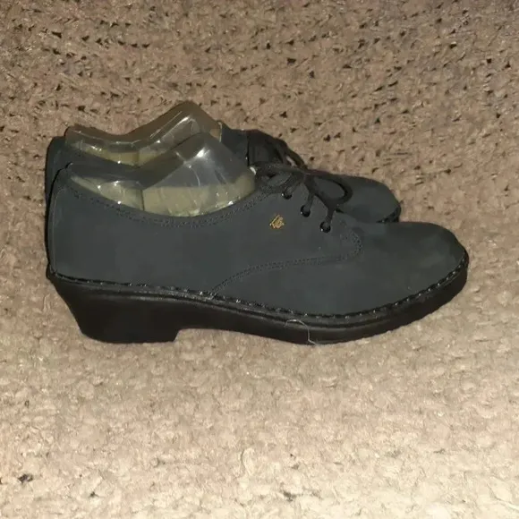 FINN COMFORT-Black Nubuck Loafers-Lace-Up-Wedge Heel-Size 6 UK-8 US-Near Mint