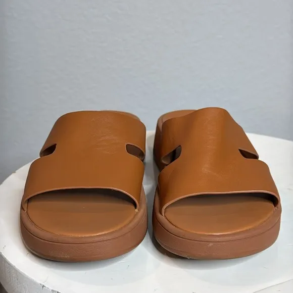 FITFLOP TAN LEATHER WOMENS F-MODE FLATFORM H BAR SLIDE SANDALS