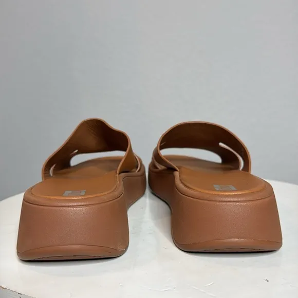 FITFLOP TAN LEATHER WOMENS F-MODE FLATFORM H BAR SLIDE SANDALS