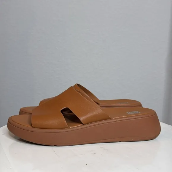 FITFLOP TAN LEATHER WOMENS F-MODE FLATFORM H BAR SLIDE SANDALS