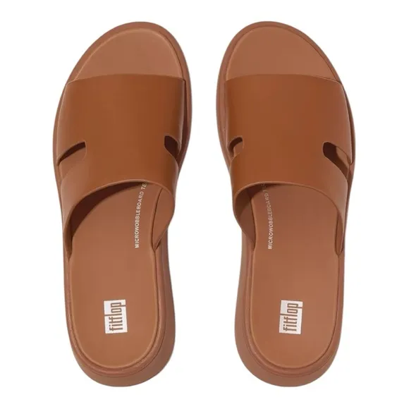 FITFLOP TAN LEATHER WOMENS F-MODE FLATFORM H BAR SLIDE SANDALS