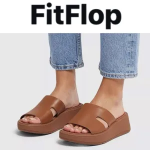 FITFLOP TAN LEATHER WOMENS F-MODE FLATFORM H BAR SLIDE SANDALS