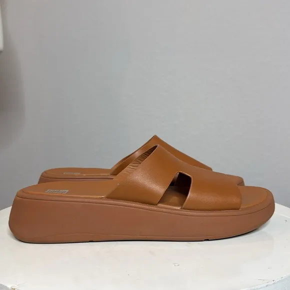 FITFLOP TAN LEATHER WOMENS F-MODE FLATFORM H BAR SLIDE SANDALS