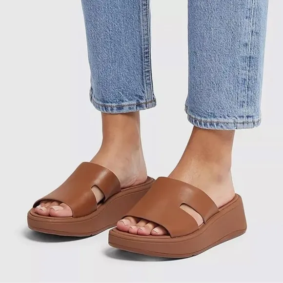 FITFLOP TAN LEATHER WOMENS F-MODE FLATFORM H BAR SLIDE SANDALS