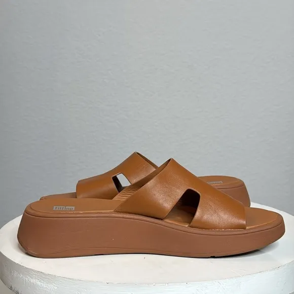 FITFLOP TAN LEATHER WOMENS F-MODE FLATFORM H BAR SLIDE SANDALS