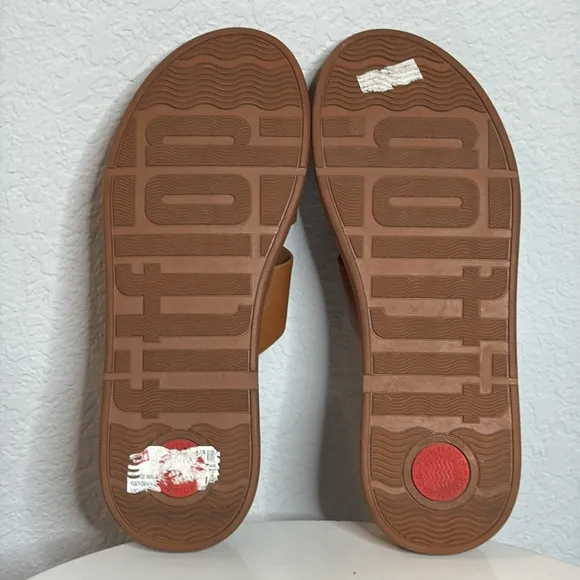 FITFLOP TAN LEATHER WOMENS F-MODE FLATFORM H BAR SLIDE SANDALS