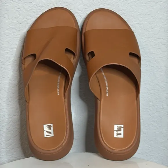FITFLOP TAN LEATHER WOMENS F-MODE FLATFORM H BAR SLIDE SANDALS