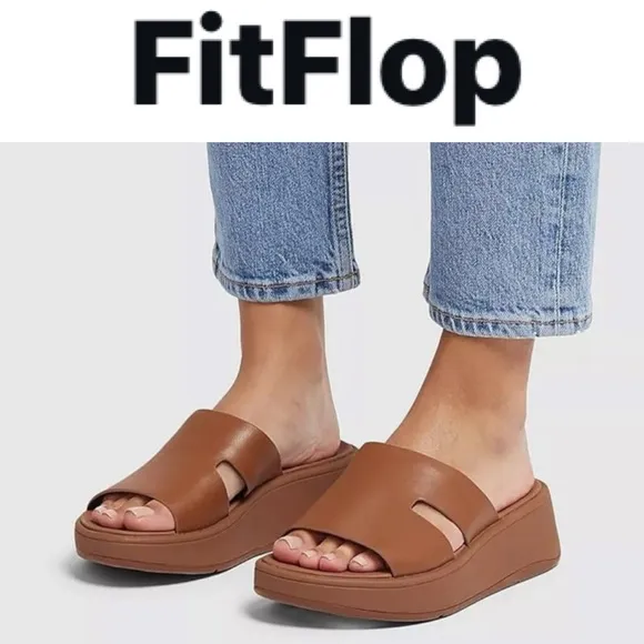 FITFLOP TAN LEATHER WOMENS F-MODE FLATFORM H BAR SLIDE SANDALS