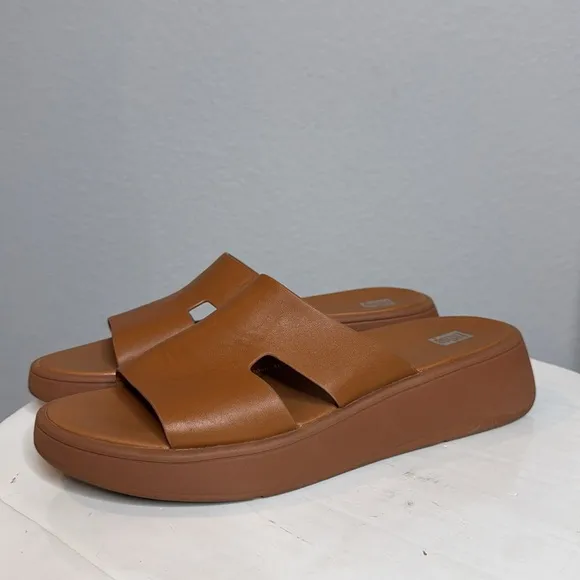 FITFLOP TAN LEATHER WOMENS F-MODE FLATFORM H BAR SLIDE SANDALS