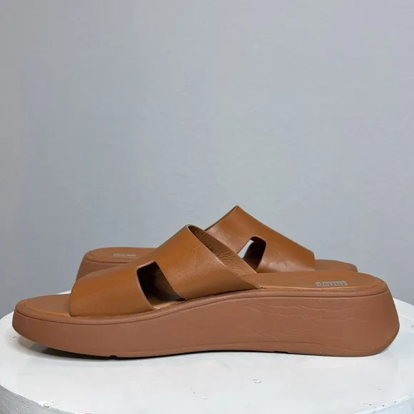 FITFLOP TAN LEATHER WOMENS F-MODE FLATFORM H BAR SLIDE SANDALS