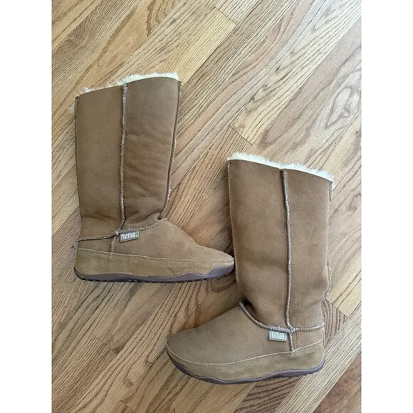 FITFLOPS Women's 8 39 Tall Brown Suede Boots Soft Shaping Toning Shearling Lined