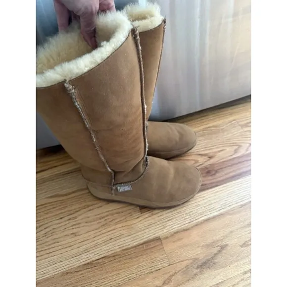 FITFLOPS Women's 8 39 Tall Brown Suede Boots Soft Shaping Toning Shearling Lined