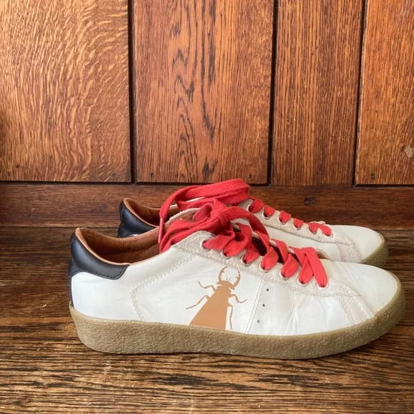 Fly London Leather White Tan Sneakers With Red Shoestrings. Sz 38 Or 7.8/8