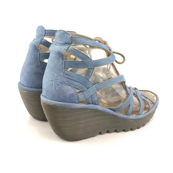 Fly London Yuke Blue Leather Wedge Sandals EUR 39