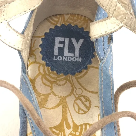 Fly London Yuke Blue Leather Wedge Sandals EUR 39