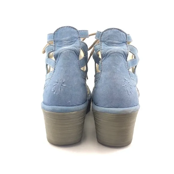Fly London Yuke Blue Leather Wedge Sandals EUR 39