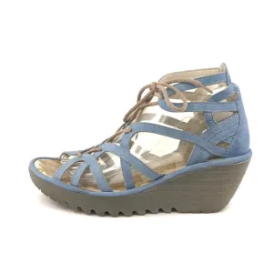 Fly London Yuke Blue Leather Wedge Sandals EUR 39