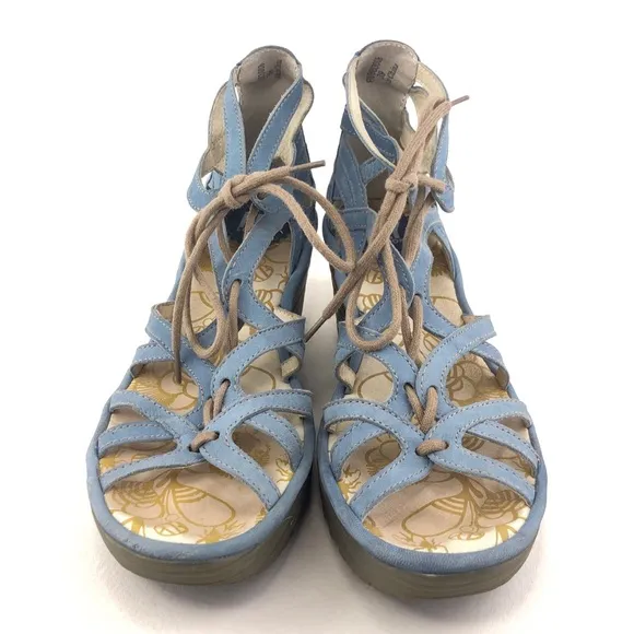 Fly London Yuke Blue Leather Wedge Sandals EUR 39