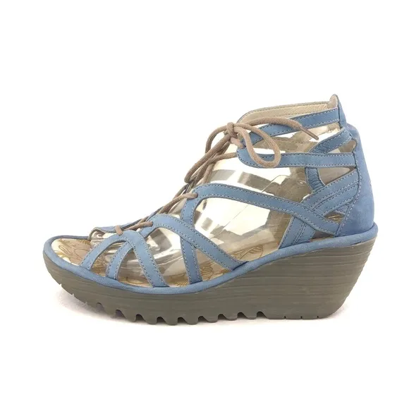 Fly London Yuke Blue Leather Wedge Sandals EUR 39