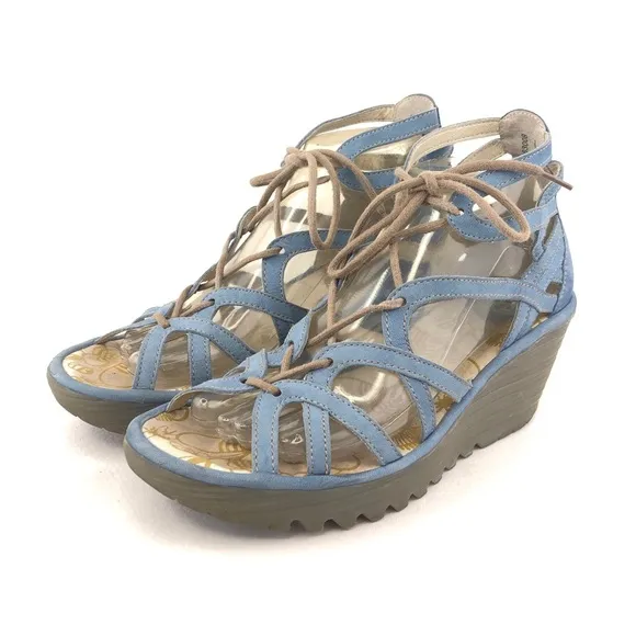 Fly London Yuke Blue Leather Wedge Sandals EUR 39