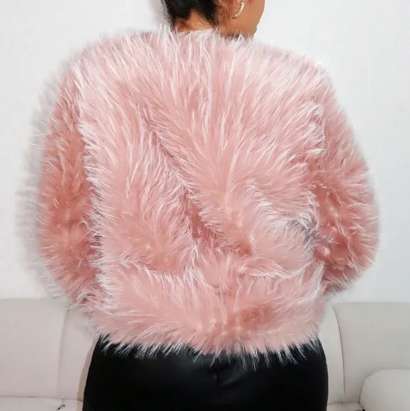 Foxxy 1pc Women Winter Fluffy Trim Colorblock Knit Cardigan