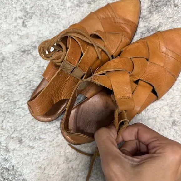 Free People Destino Brown Woven Leather Flats Lace-Up Size 37
