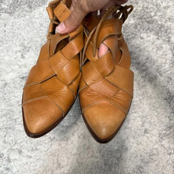 Free People Destino Brown Woven Leather Flats Lace-Up Size 37