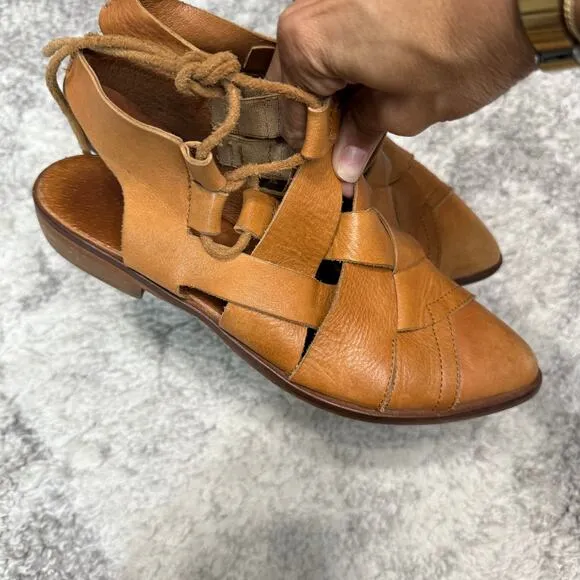 Free People Destino Brown Woven Leather Flats Lace-Up Size 37