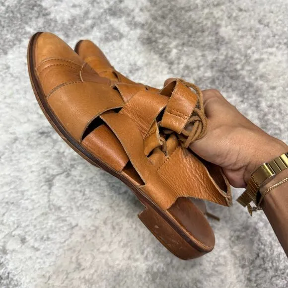 Free People Destino Brown Woven Leather Flats Lace-Up Size 37