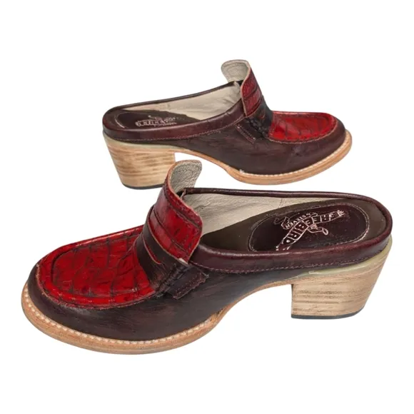 Freebird by Steven Collins Wine Red &amp; Brown Leather Slip On Boho Clog Mules 7