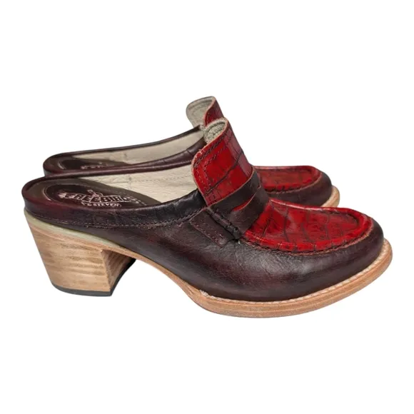 Freebird by Steven Collins Wine Red &amp; Brown Leather Slip On Boho Clog Mules 7