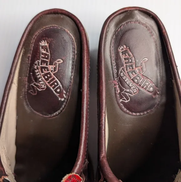 Freebird by Steven Collins Wine Red &amp; Brown Leather Slip On Boho Clog Mules 7