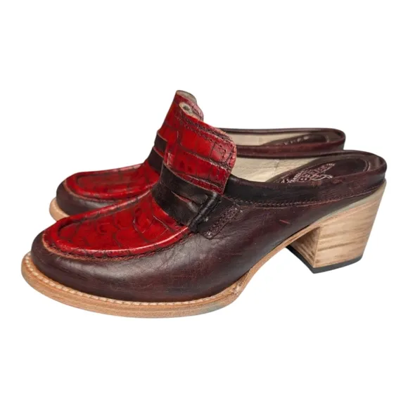Freebird by Steven Collins Wine Red &amp; Brown Leather Slip On Boho Clog Mules 7