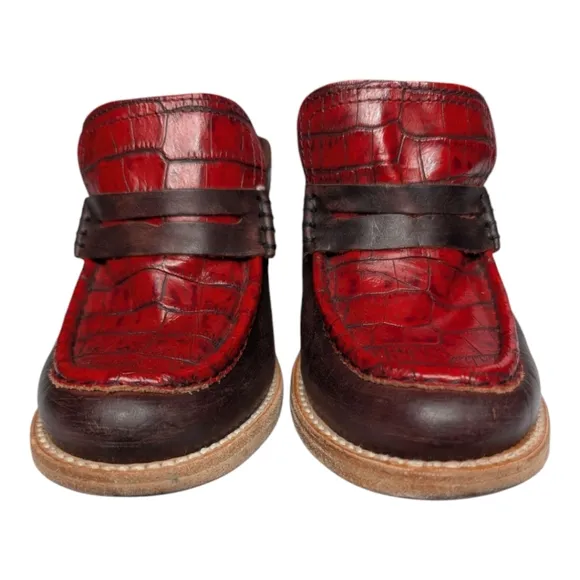 Freebird by Steven Collins Wine Red &amp; Brown Leather Slip On Boho Clog Mules 7