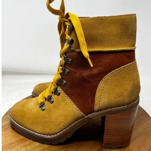 Frye &amp; Co Boots Womens 8.5 Cognac Leather‎ Rayner Hiker Shearling Block Heel