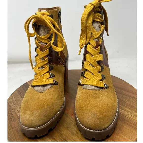 Frye &amp; Co Boots Womens 8.5 Cognac Leather‎ Rayner Hiker Shearling Block Heel