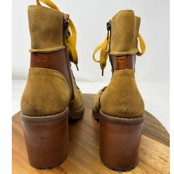 Frye &amp; Co Boots Womens 8.5 Cognac Leather‎ Rayner Hiker Shearling Block Heel