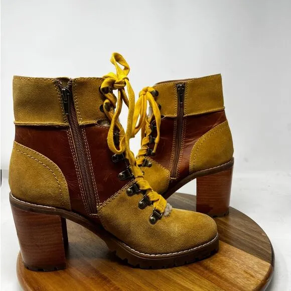 Frye &amp; Co Boots Womens 8.5 Cognac Leather‎ Rayner Hiker Shearling Block Heel
