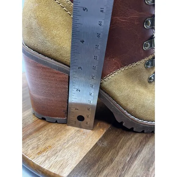 Frye &amp; Co Boots Womens 8.5 Cognac Leather‎ Rayner Hiker Shearling Block Heel