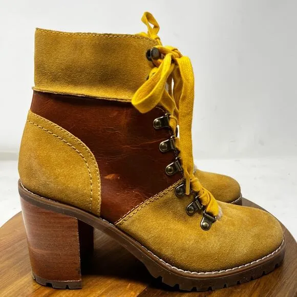 Frye &amp; Co Boots Womens 8.5 Cognac Leather‎ Rayner Hiker Shearling Block Heel
