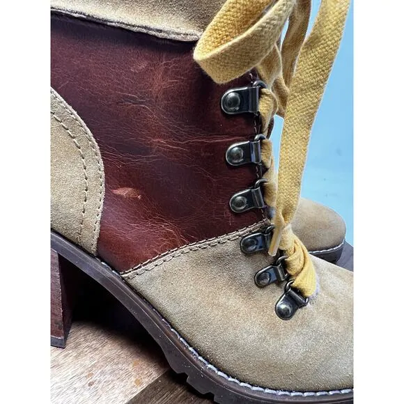 Frye &amp; Co Boots Womens 8.5 Cognac Leather‎ Rayner Hiker Shearling Block Heel