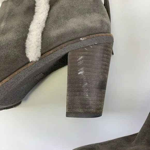 Frye Jen Shearling Short Block Heel Boots Gray Smoke Suede Ankle Zip Womens 8