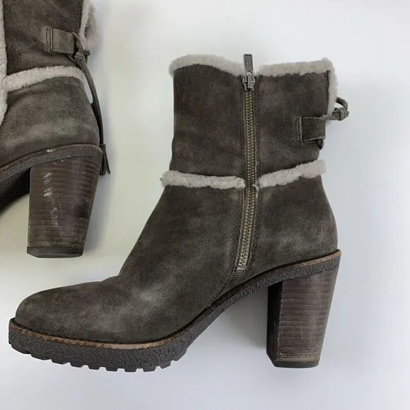 Frye Jen Shearling Short Block Heel Boots Gray Smoke Suede Ankle Zip Womens 8